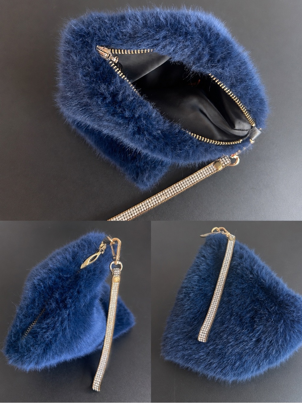 Plush Navy Faux Fur Wristlet Clutch with Crystal Strap